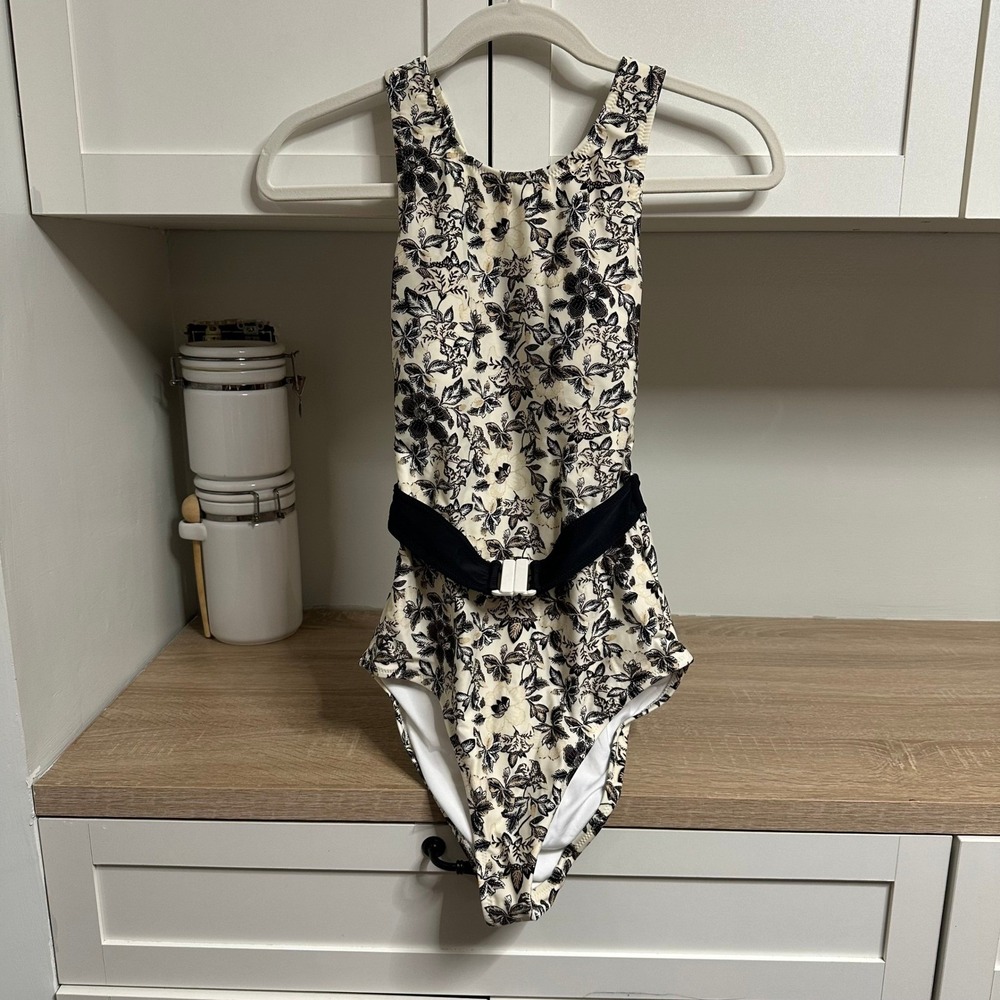 Old Navy One Piece Swimsuit‎ Womens S Black Floral Belted High Neck Cross Strap